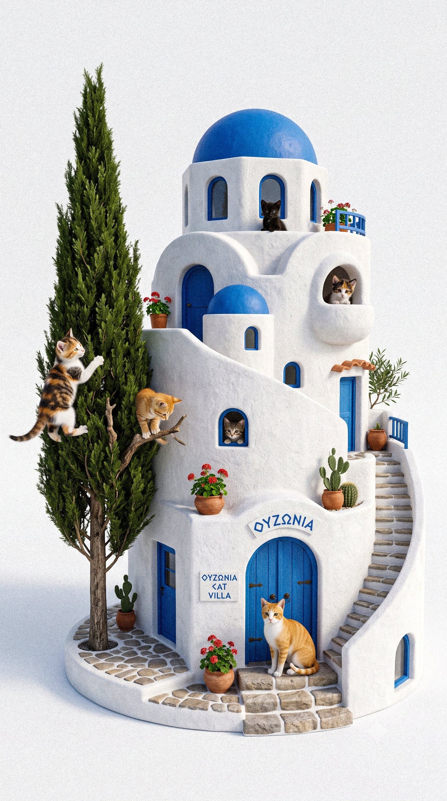 Redesign @Image 1 as a sculptural modern cat house. Replace blue domes with angular white concrete volumes, warm timber and glass. Keep the miniature cat-house concept, tree, white studio background and vertical composition.