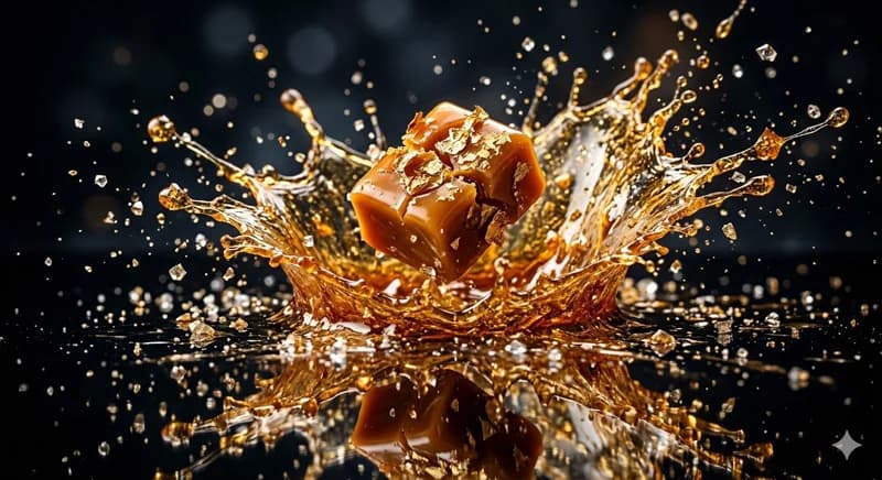 Create a macro food advertisement showing a golden caramel cube suspended above a glossy black reflective surface, surrounded by a frozen explosion of amber caramel, delicate sugar shards and tiny droplets. The cube has a textured crust and a soft center. Warm golden backlight and crisp specular highlights against a dark background. Wide composition, dramatic radial splash, no text.