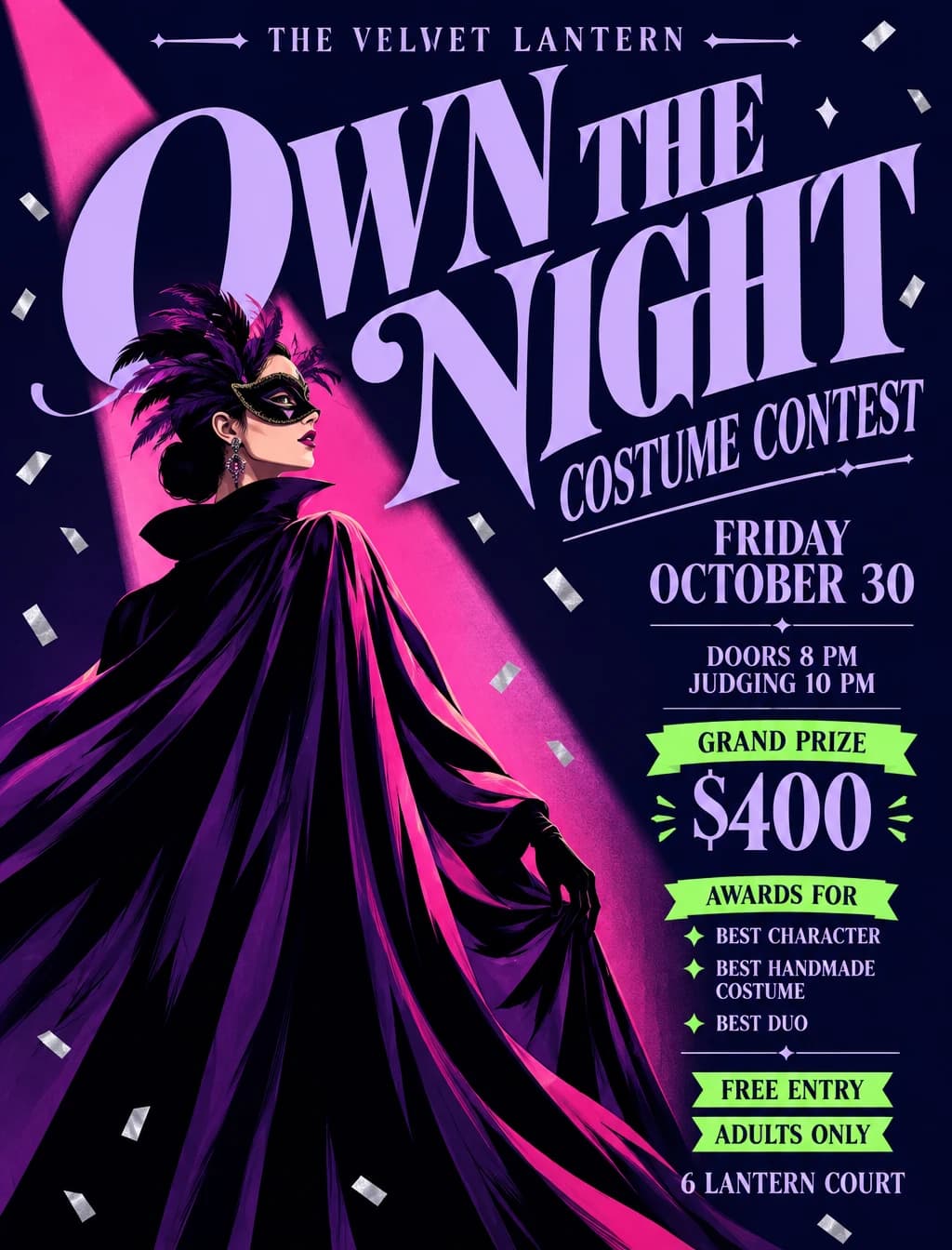 Purple costume contest poster with a masked figure, a pink spotlight and prize details